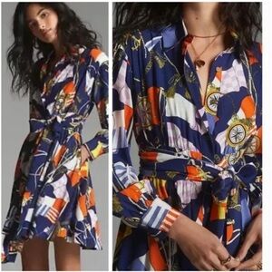 Anthropologie Maeve Nautical Shirtdress Navy Small Scarf Mini Belted Pockets